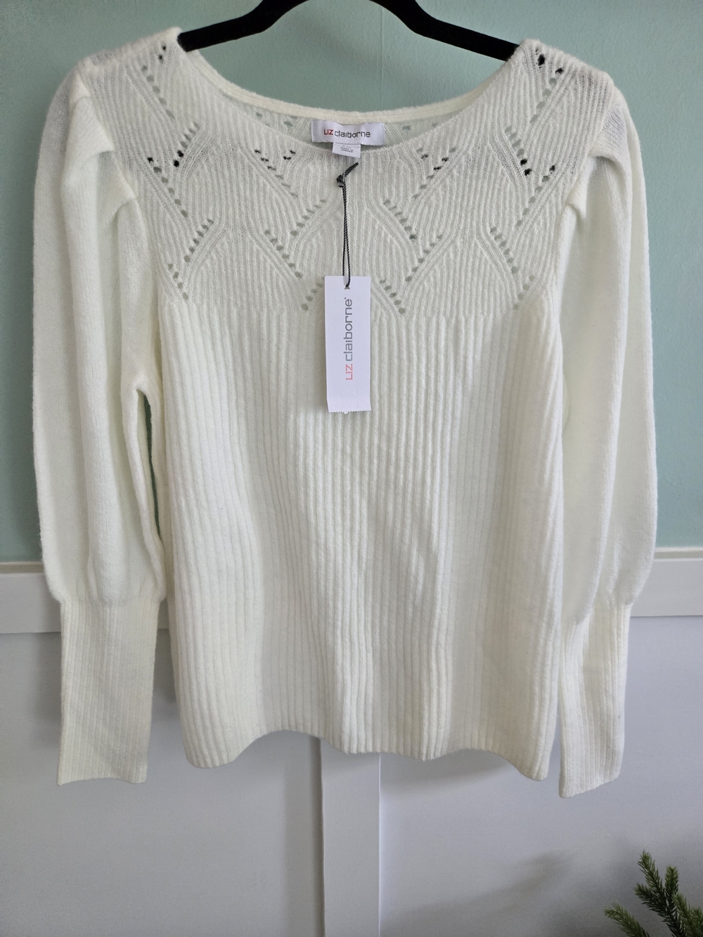 Liz Claiborne Cream Open-Stitch Ribbed Sweater
